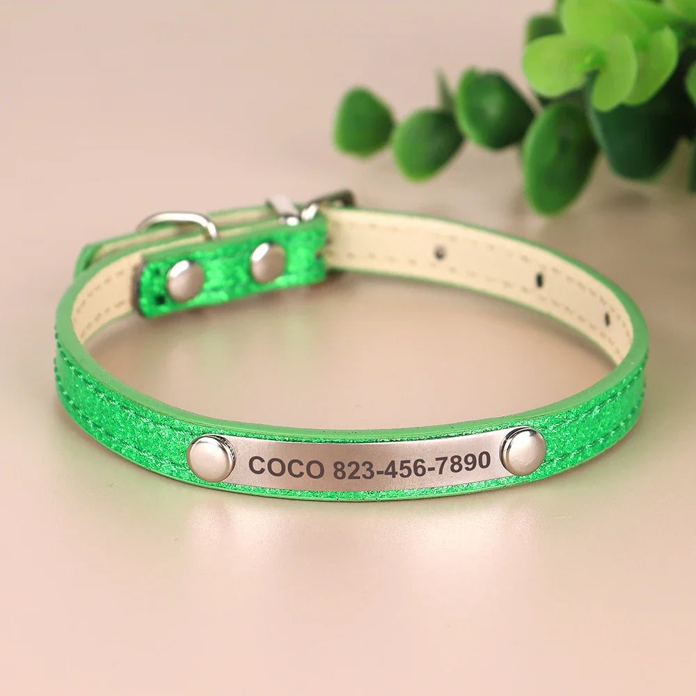 Personalized Cat Collar Custom Leather Cat Collars Free Engraved Puppy Kitten ID Necklace Bling Pet Collars for Small Dogs Cats