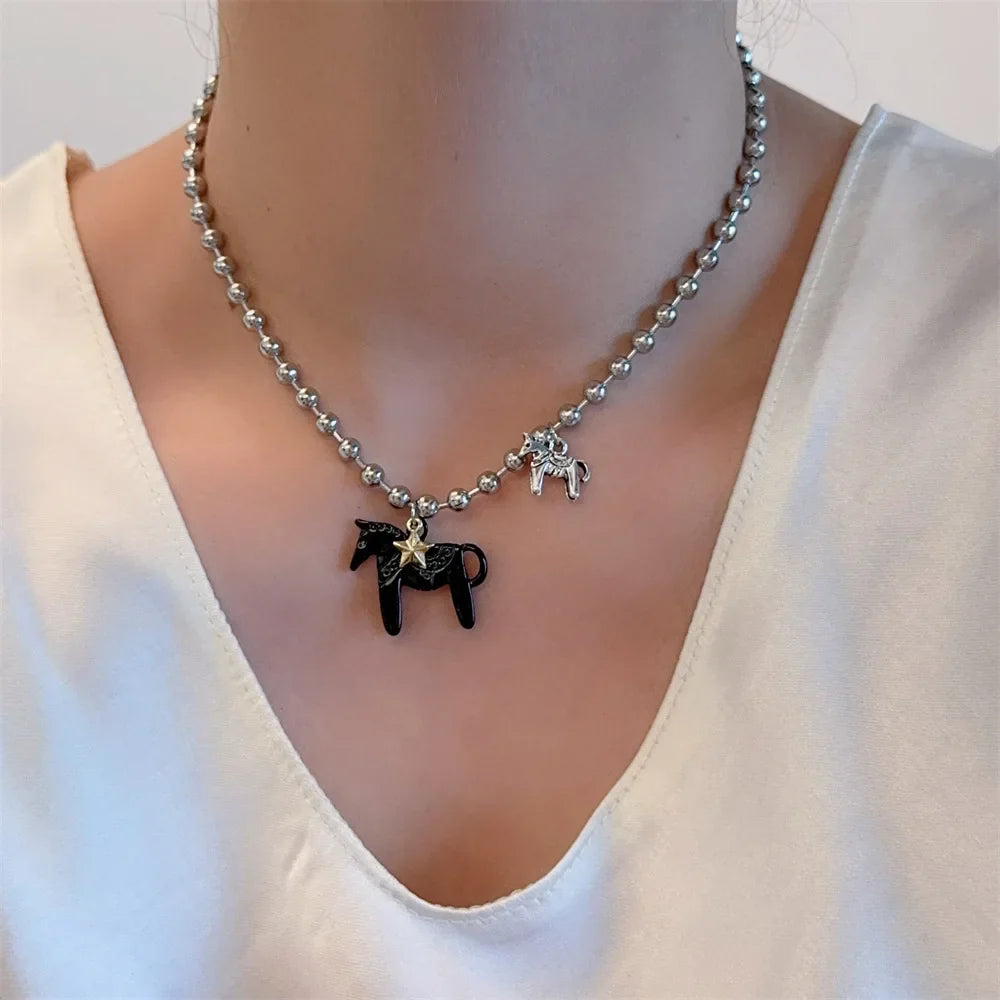 LATS White Black Green Blue Pink Color Enamel Colt Horse Pendant Necklaces for Women Silver Plated Alloy Beads Chain Chokers