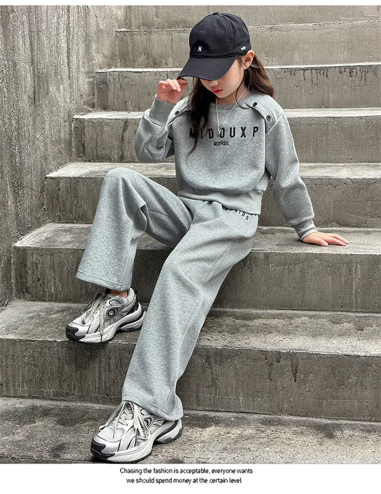 2025 teenager Gray girls Sport Suit winter spring Clothes Long Sleeve sweatshirt & wide leg Pant Casual 4 8 10 11 12 Years