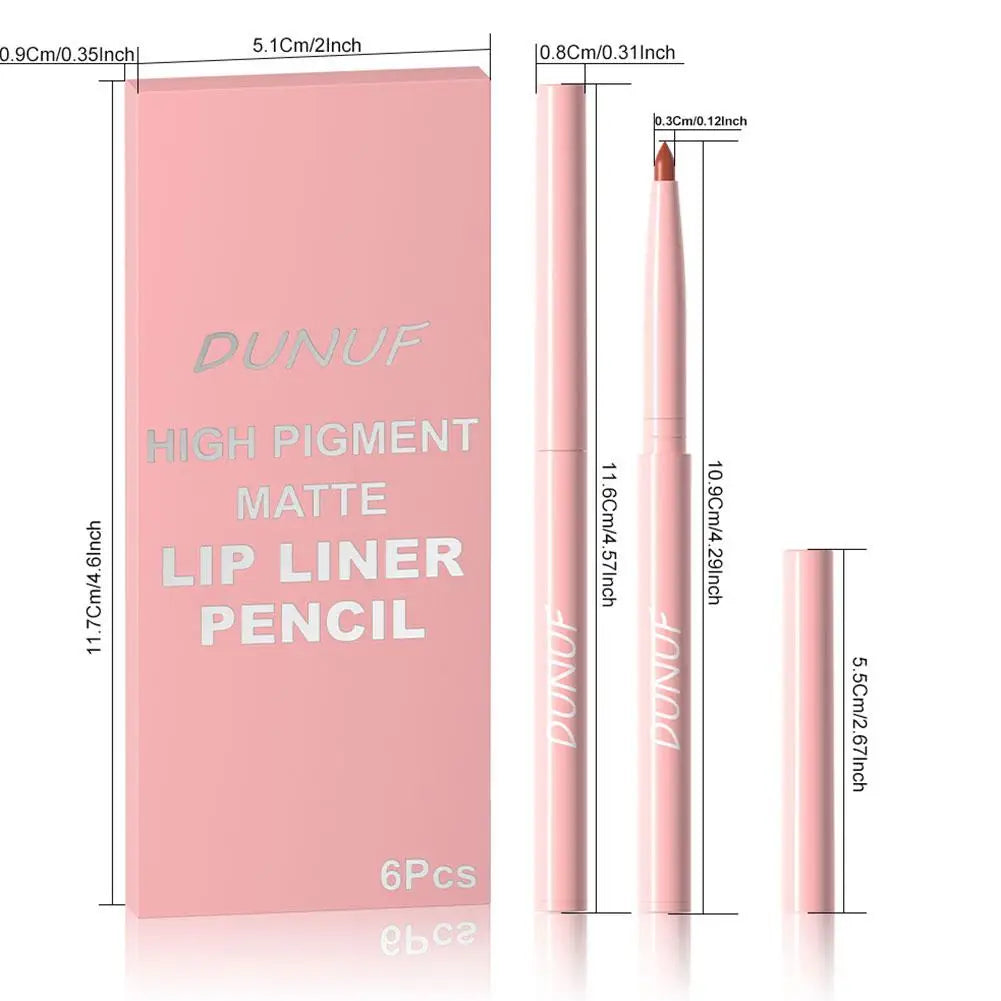 6Pcs Velvet Matte Lip Liner Pencil Set High Pigment Smooth Silky Texture Easy to Color & Define Lip Contours Daily Lip Makeup