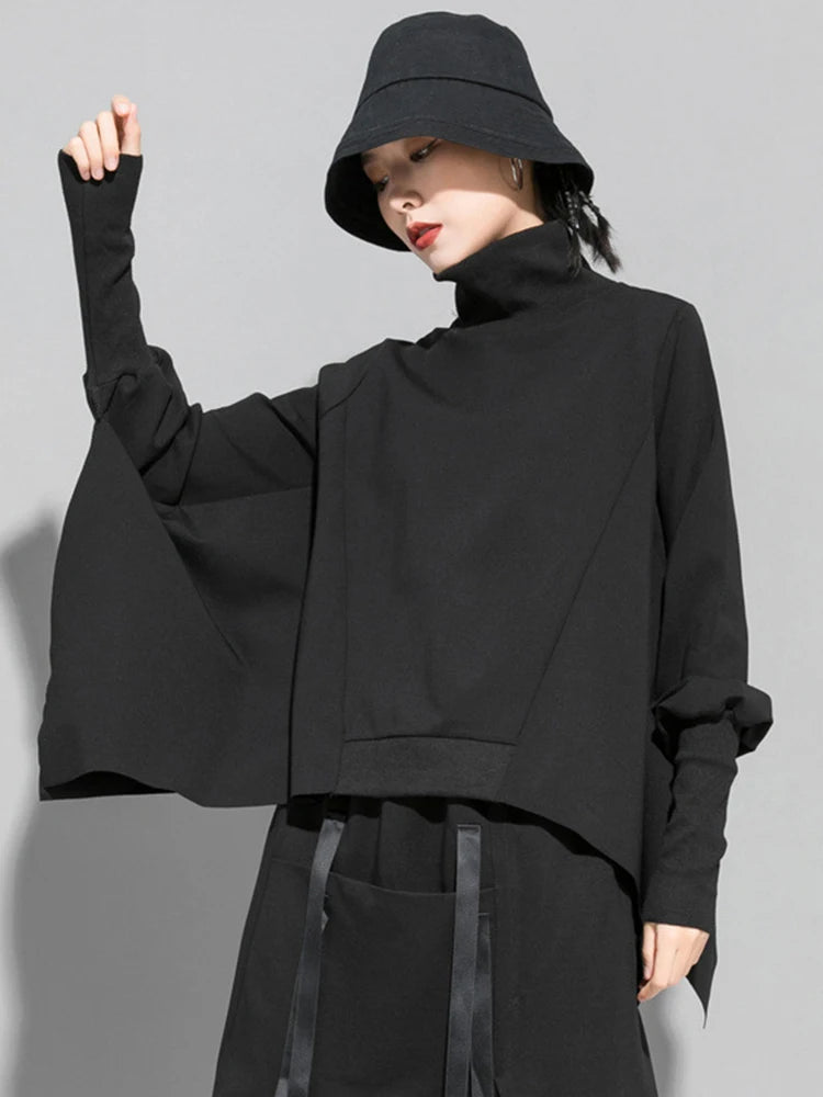 [EAM] Loose Fit Black Asymmetrical Big Size Sweatshirt New Turtleneck Long Sleeve Women Big Size Fashion Tide Spring 2026 OA869