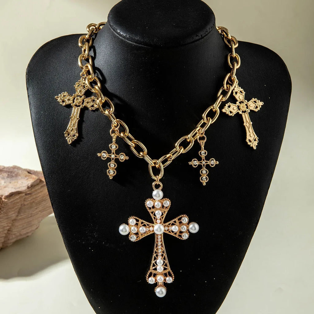 Vintage Creative Imitation Pearl Big Cross Pendant Necklace for Men Woman Luxury Rhinestone Choker Adjustable Chain Jewelry