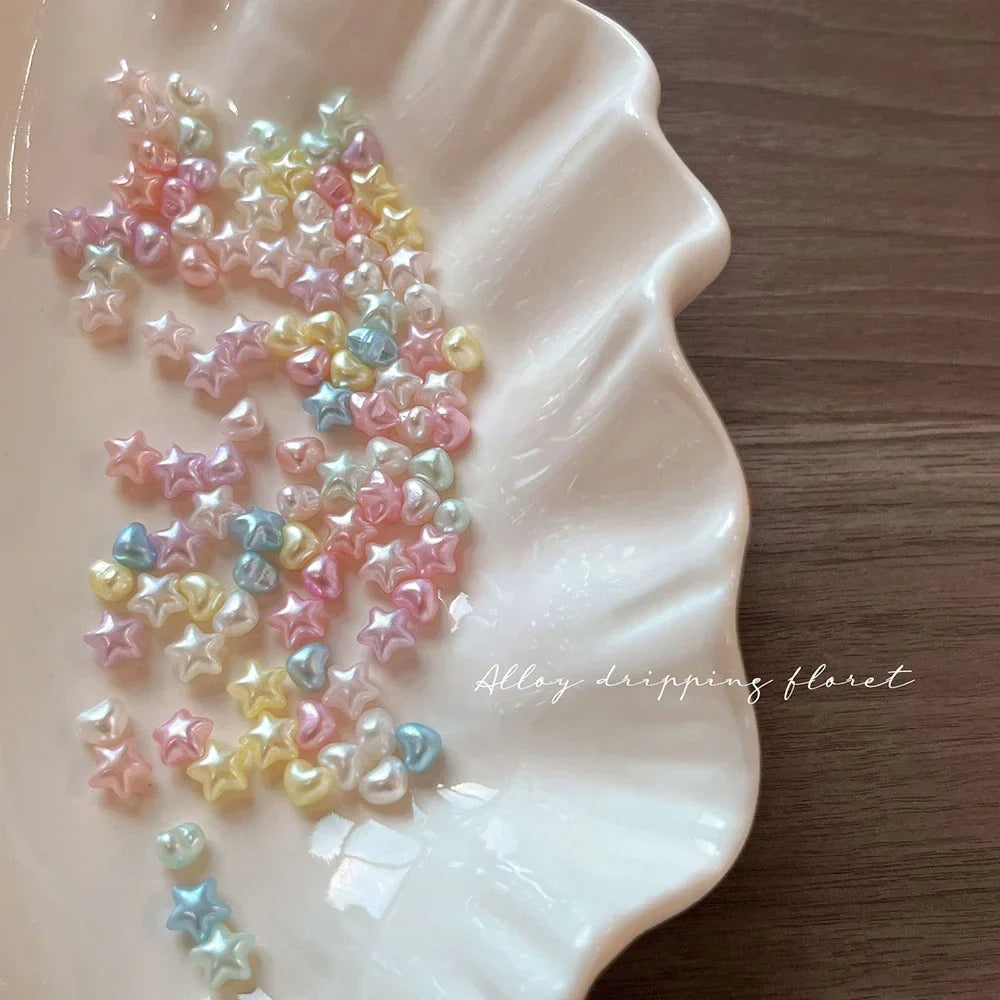 100PCS 2PACKS Macaron Star Heart 3D Pearlescent Pearl Rhinestone Nail Charms Mixed Color 6.5*10mm for Manicure DIY Love Heart