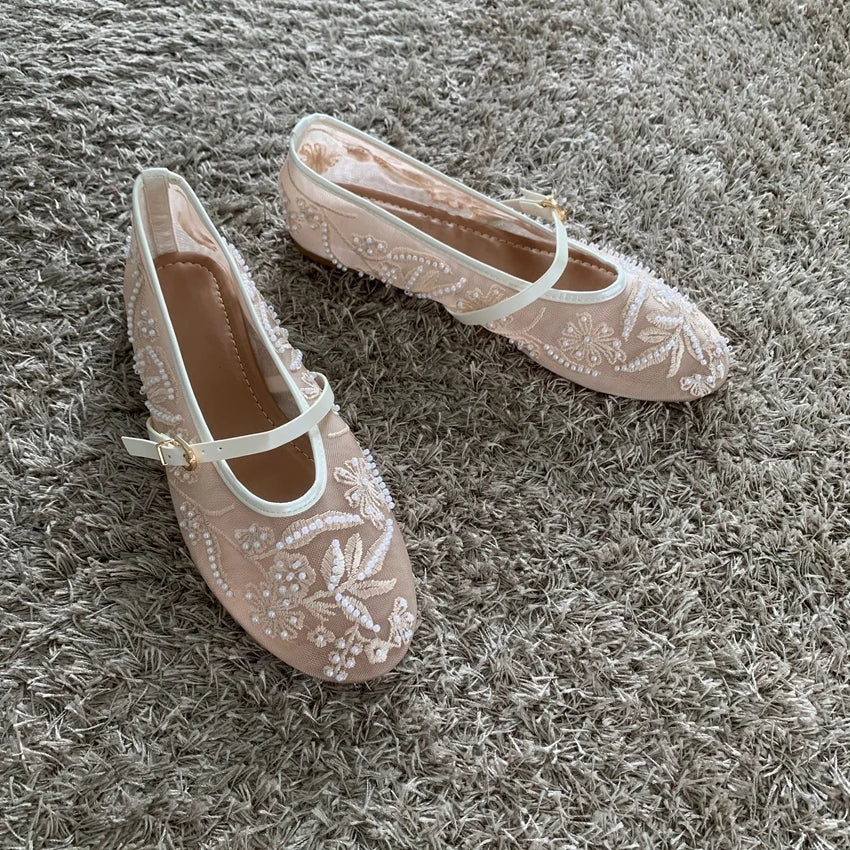 Mesh Embroidery String Bead Design Women Ballet Flats Fashion Buckle Breathable Mary Jane Shoe Comfort Low Heel Soft Flat Sandal