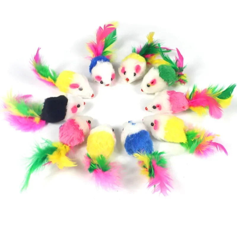 Interactive Cat Toy Realistic Mouse Shape with Rabbit Fur Feathers for Kitten Indoor Play Exercise Hunting Training