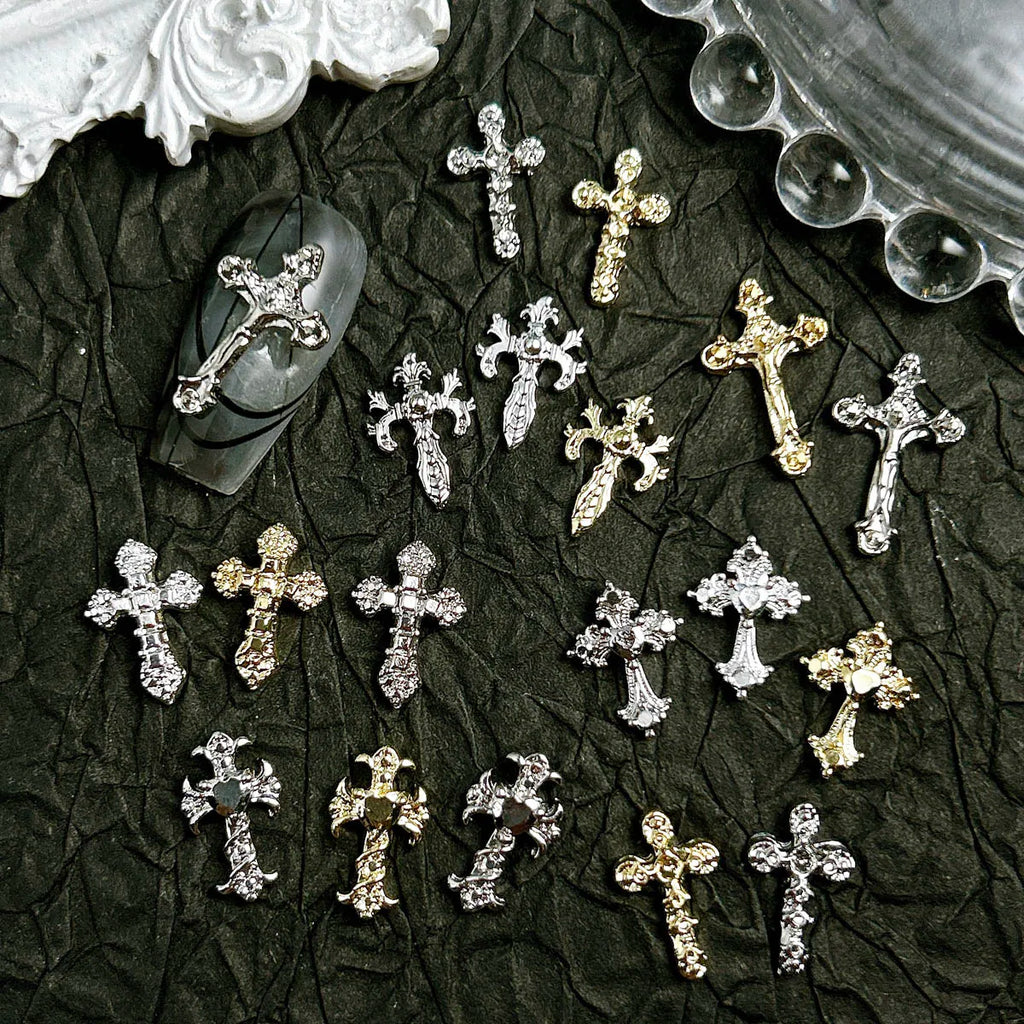 20PCS 3D Light Luxury Classic Cross Nail Charms Creative Exquisite Retro Alloy Cross Nail Art Decorations for DIY Cool Manicure