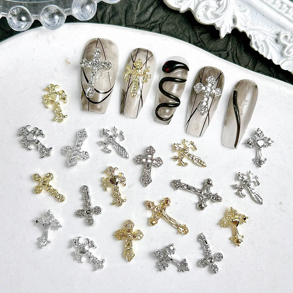 20PCS 3D Light Luxury Classic Cross Nail Charms Creative Exquisite Retro Alloy Cross Nail Art Decorations for DIY Cool Manicure
