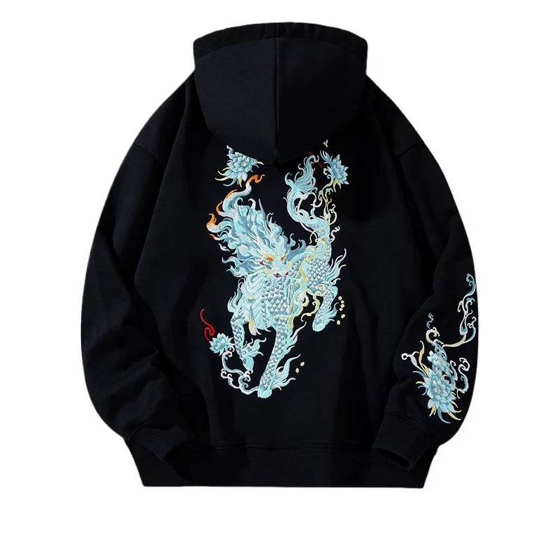 Vintage Hoodies Men Dragon Embroidery Hoodies Women Hip Hop Hooded Sweatshirt Chinese Streetwear Hoody Cotton Fleece Pullover
