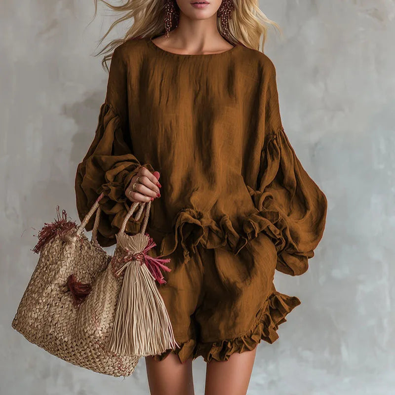 Bohemian Casual Vacation Outfits Woman Elegant O Neck Ruffle Hem Top And Beach Shorts Set Spring Solid Loose Fit Streetwear Suit