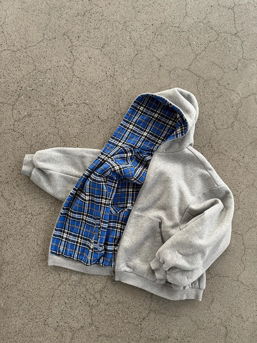 Oversized Reversible Hoodies Men Street Casual Spring Clothes Hoodie with Plaid Lining Solid Color Sweatshirt Streetwear