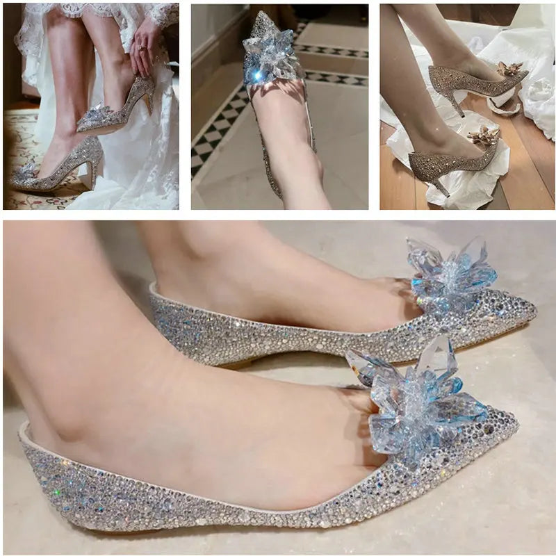 Newest Silver High Heels Wedding Women Shoes Diamond Pumps Crystal Shoes Rhinestone Pointed Toe Glitter Party
