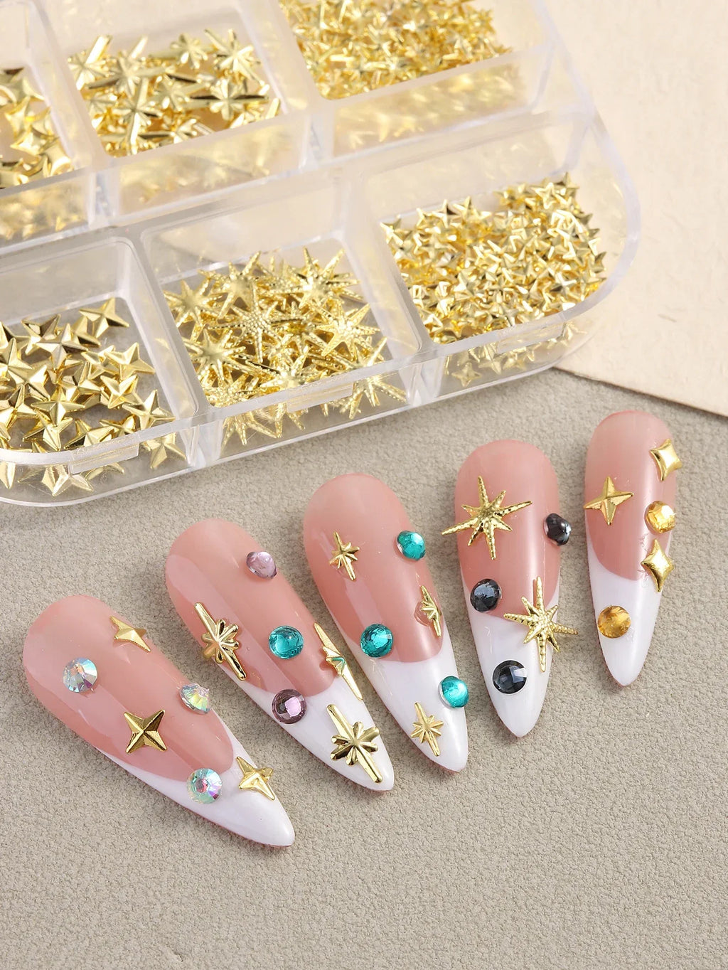 6/12Grids Gold Star Moon Metallic Rivet 3D Nail Charms Alloy Sun Moon Starlight Rhinestones Nail Studs For Nail Art Decoration