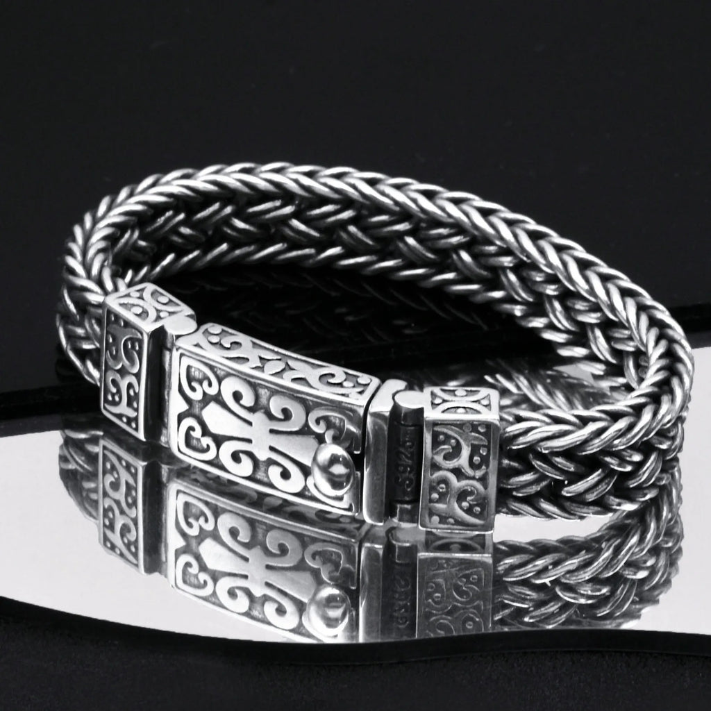 Powerful S925 pure silver vintage pattern woven bracelet, suitable for both men and women, fashionable jewelry gift for everyone