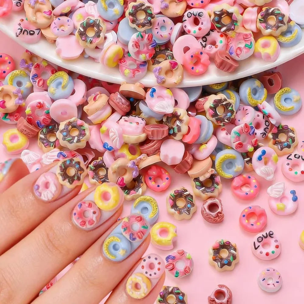50Pcs 3D Mixed Donut Nail Charms Random Cartoon Flaback Doughnut Nails Art Decorations Kawaii Resin Dessert Manicure Accessories