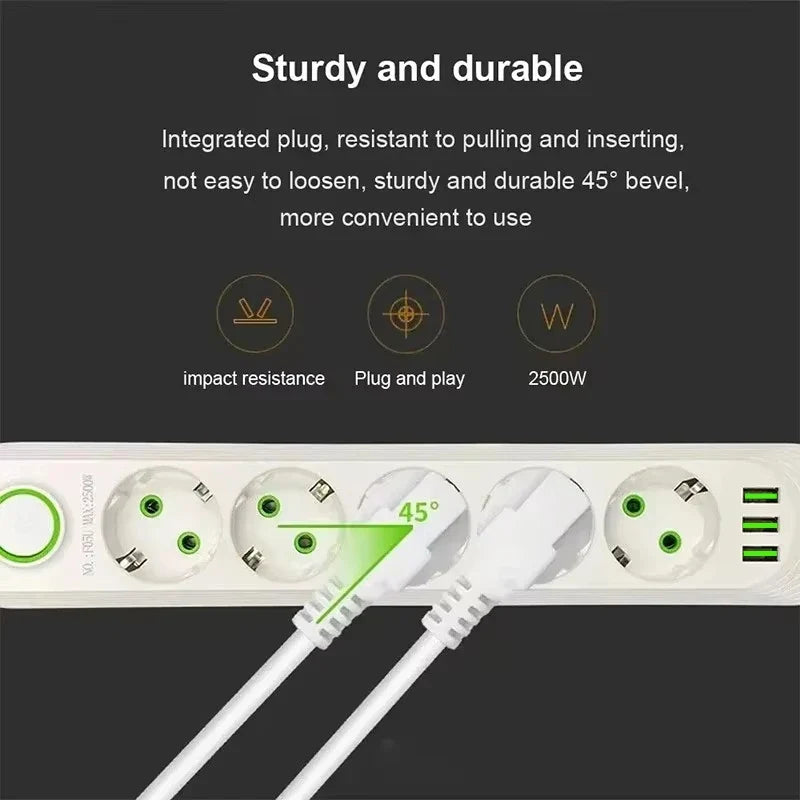2500W EU Plug AC Outlet Multiprise Power Strip Extension Cord EU Socket Network Filter With USB Ports Charging 1pc