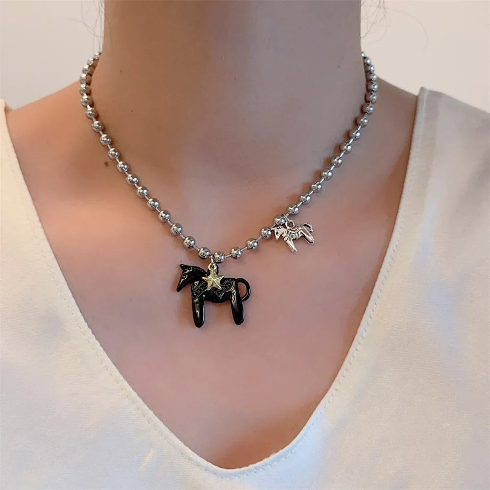 LATS White Black Green Blue Pink Color Enamel Colt Horse Pendant Necklaces for Women Silver Plated Alloy Beads Chain Chokers