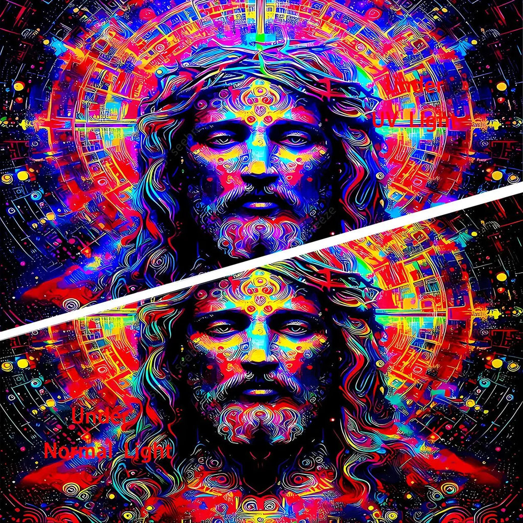Jesus UV Reactive Wall Tapestry Psychedelic Geometric Neon Background for Bedroom Aesthetic Sofa Blanket Yoga Mat Home Decor