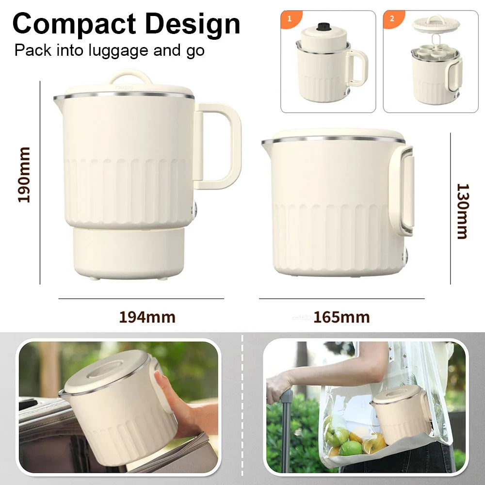 Electric Water Kettle Portable Mini Kettle with Steaming Rack 1000ml Large Capacity Stainless Steel Home Kitchen Office Travel