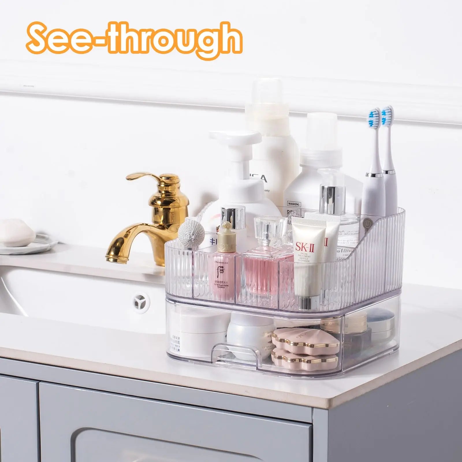 Makeup Organizer with Stackable Drawer Countertop Vanity Cosmetics Organizers for Skincare Perfumes Lotions Lipsticks