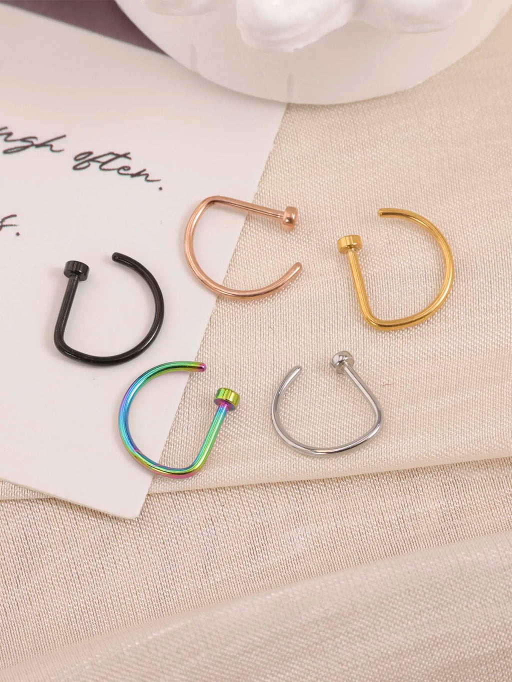 New Curved Barbells Fake Nose Piercing D Shaped Tragus Helix Stud Earring Hoop Septum Stainless Steel Ring Nostril Body Jewelry