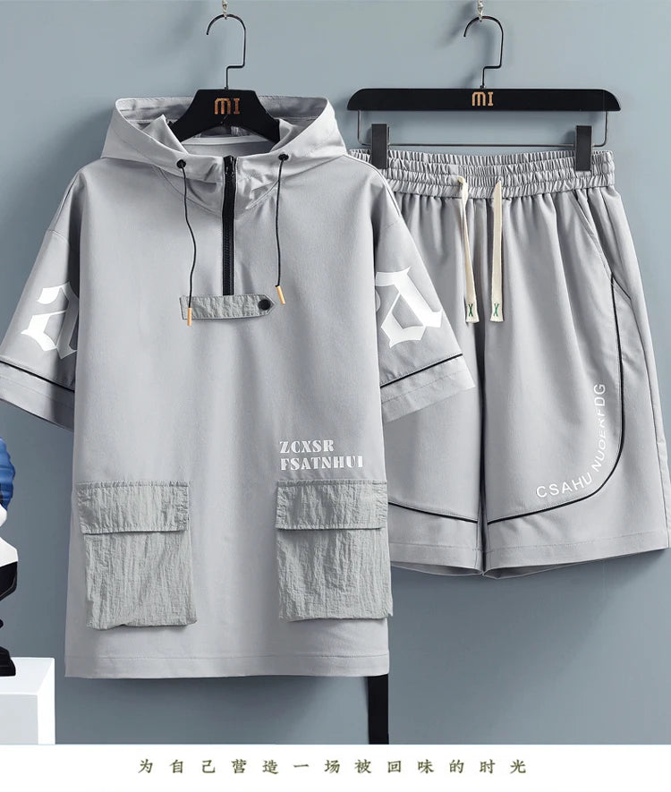 2 Pcs/Set Men Tracksuit Short Sleeve Hoodies+Pants Hooded Elastic Waist Summer Hip Hop Sweatshirt Sweatpants Loose Set