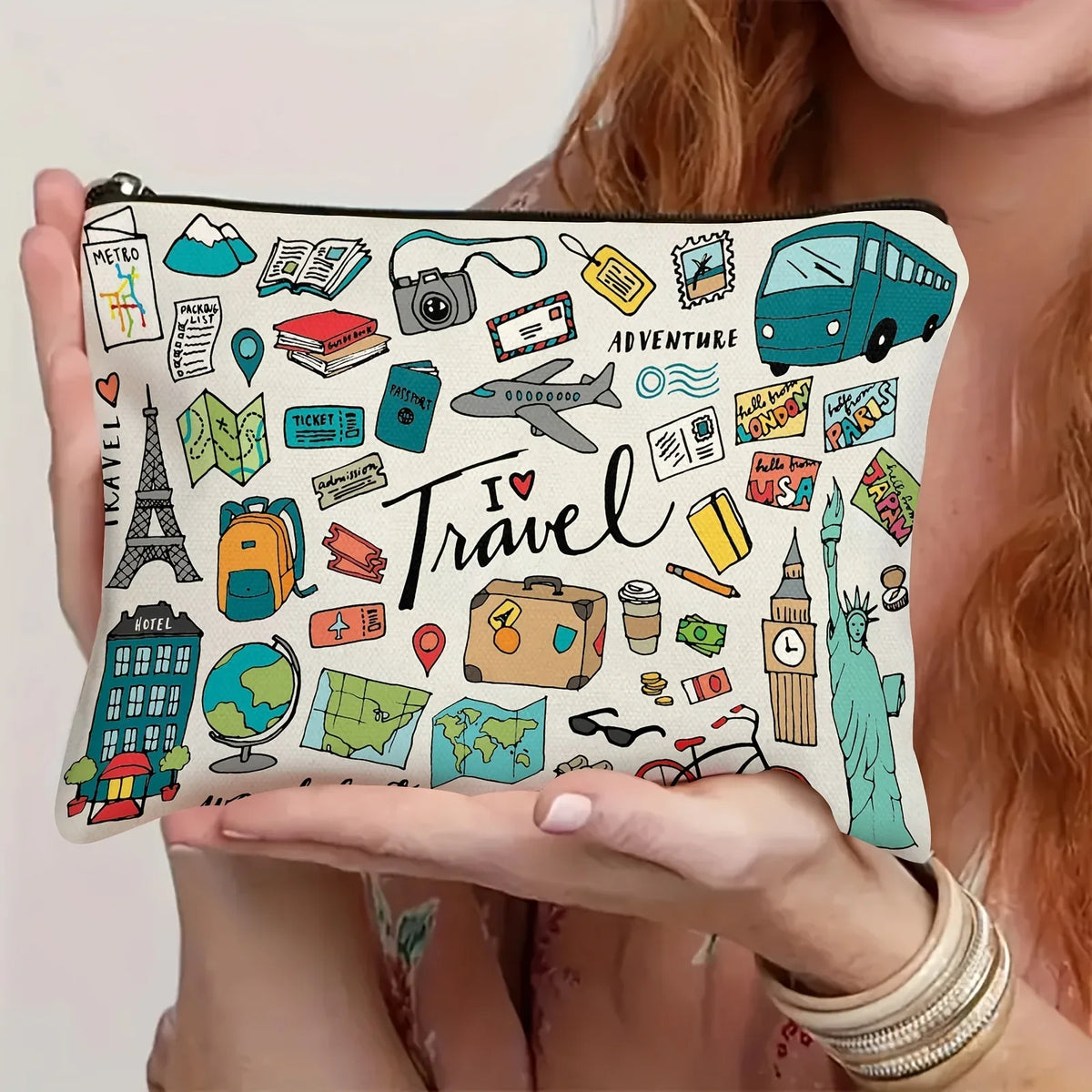 1 Travel-Themed Illustrated Makeup Bag - Multifunctional Zipper Pouch for Women, Jewelry Storage Bag, Perfect Travel Zipper Organizer, Fun Birthday Gift