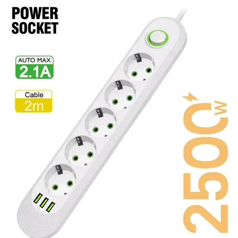 2500W EU Plug AC Outlet Multiprise Power Strip Extension Cord EU Socket Network Filter With USB Ports Charging 1pc
