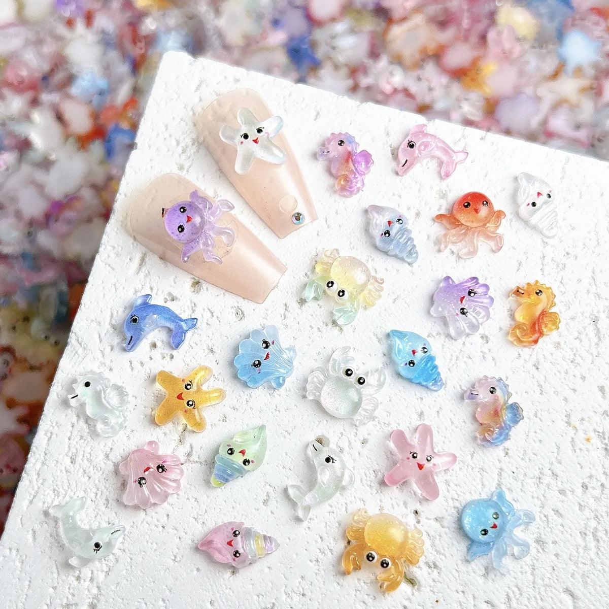 30PCS Multiple Style Cute Octopus Conch Resin Nail Art Decorations Cartoon Luminous Big Eye Seastar Dolphin Nail Charms DIY Nail