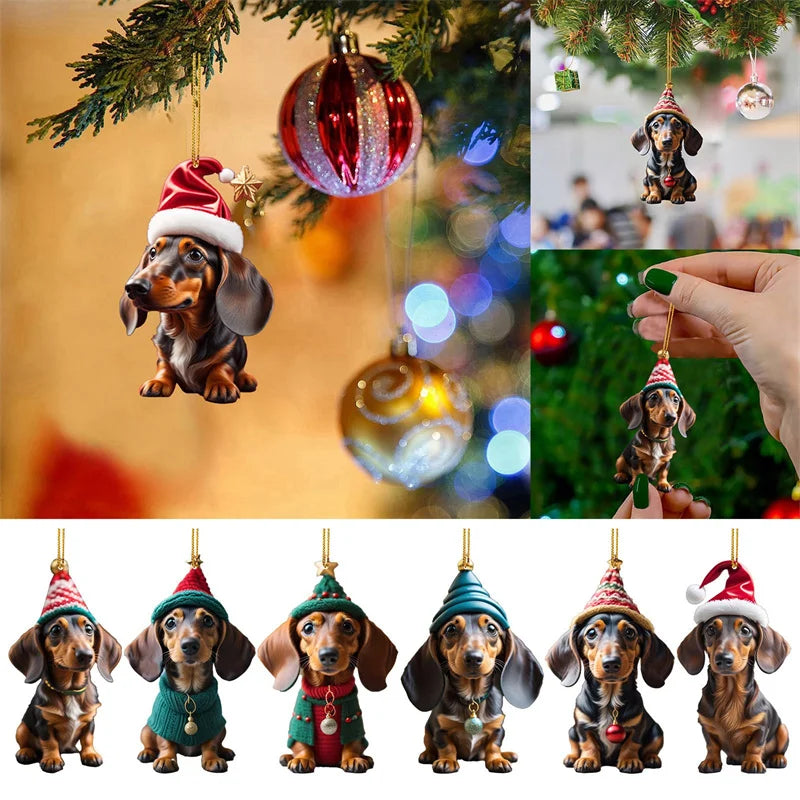Cartoon Cute Dog Christmas Ornaments Fun Dachshund Dog Hanging Decoration Xmas Tree Graphic Design Pendant Home Car Decor