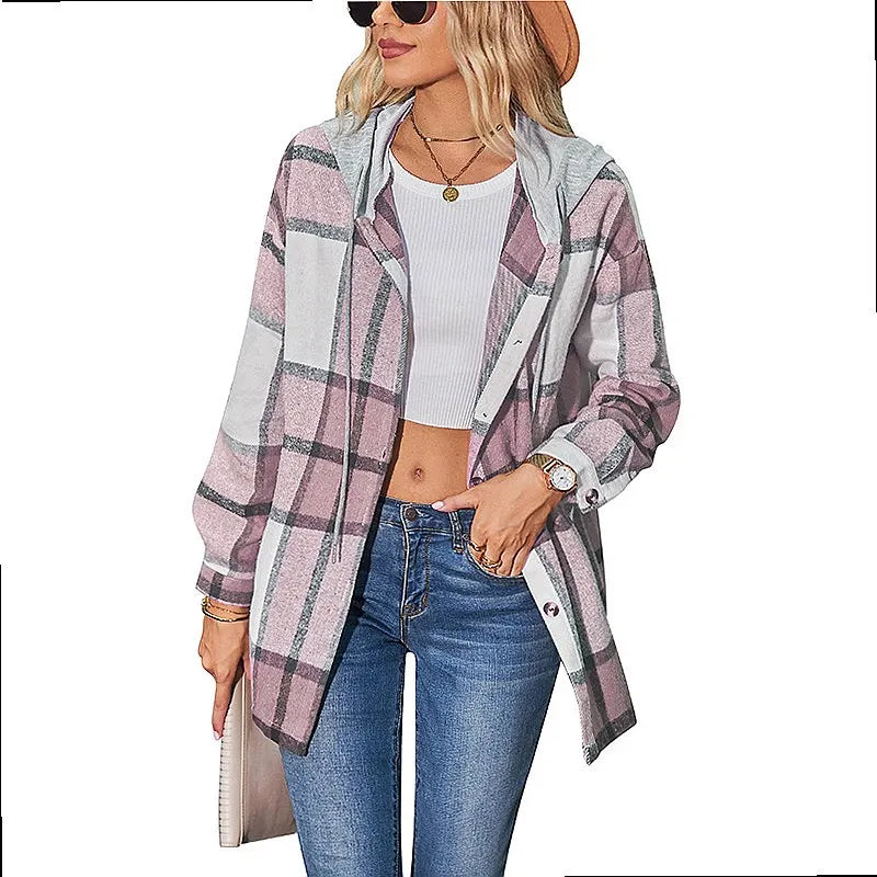 Women Hooded Plaid Wool Coat Blouse Top Spring Summer Fashion Outerwear