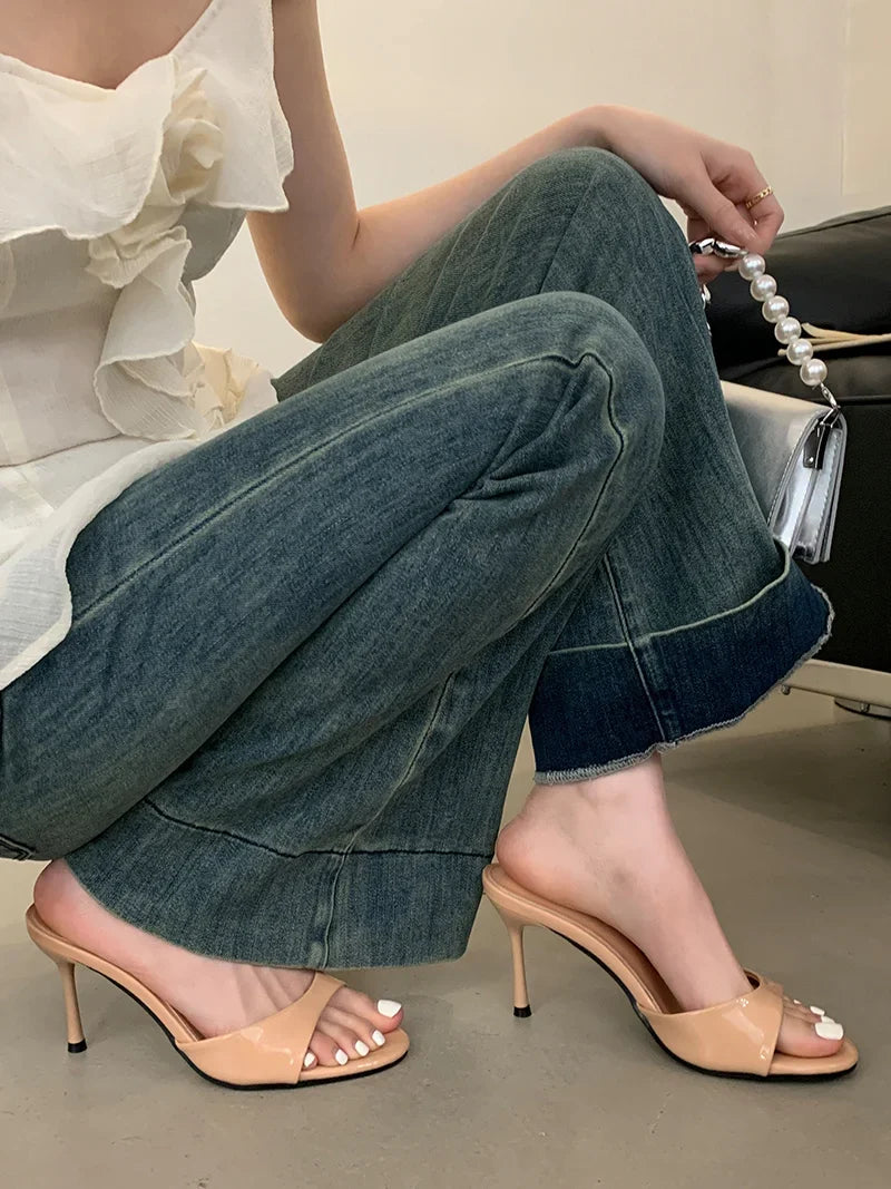 Liyke Wine Red Patent Leather Women Slippers Sandals Fashion Round Open Toe Thin High Heels Mules Slides Summer Party Dress Shoe