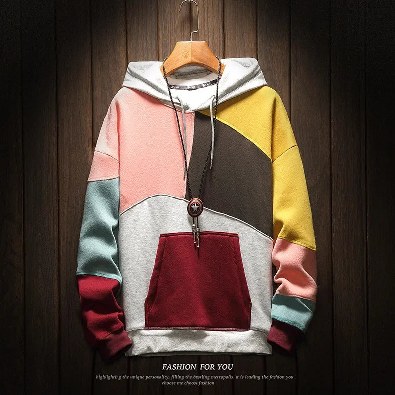 Hoodies Men Autumn Winter  Punk Hip Pop Patchwork Pullover Couples Male Moda Streetwear