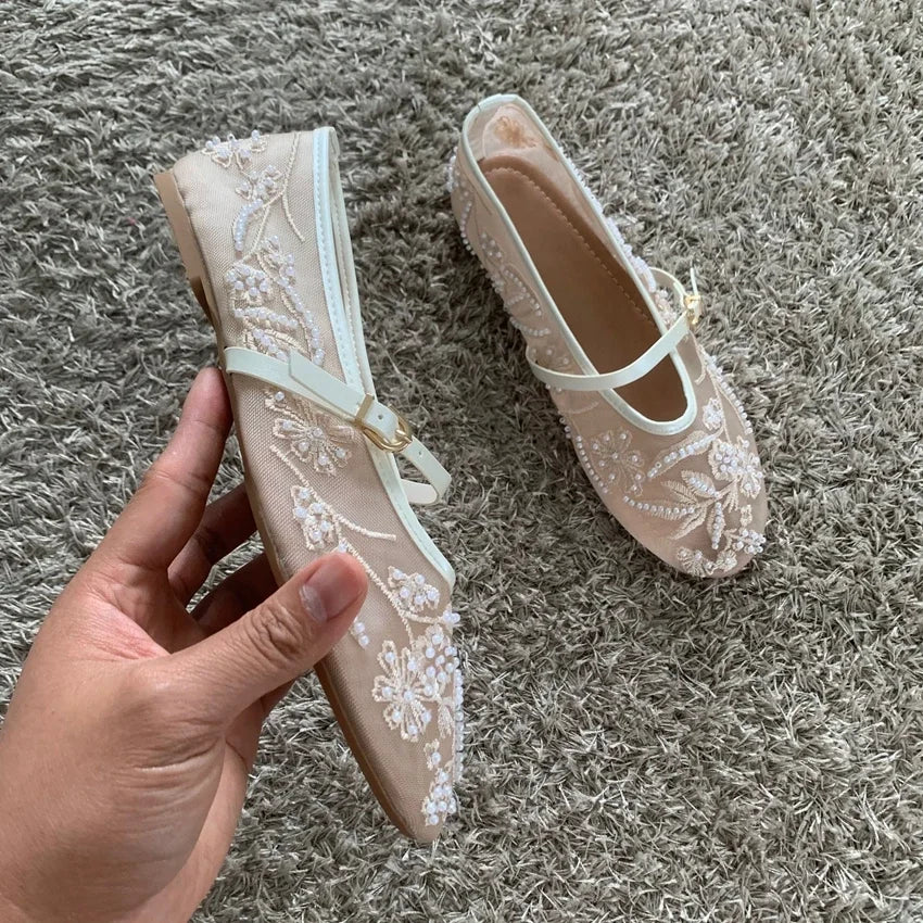 Mesh Embroidery String Bead Design Women Ballet Flats Fashion Buckle Breathable Mary Jane Shoe Comfort Low Heel Soft Flat Sandal