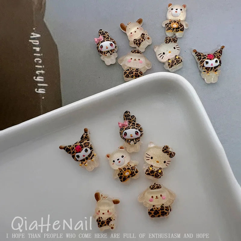 50Pcs Leopard Sanrio 3D Resin Nail Charms Mixed Kuromi My Melody Kitty Nail Parts DIY Manicure Decor Accessories