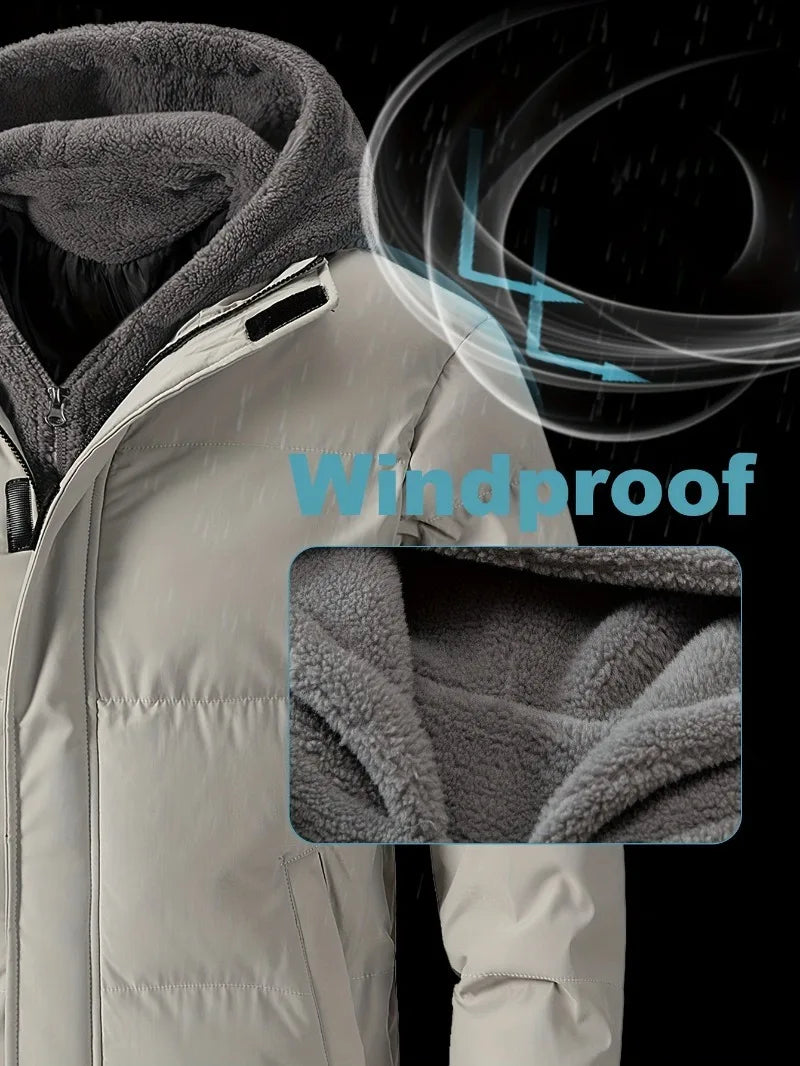 Winter Windproof Men's Faux Jacket Casual Polyester Coat with Detachable Hood Zip-Up Front Long Sleeves & Pockets Winter Clothes