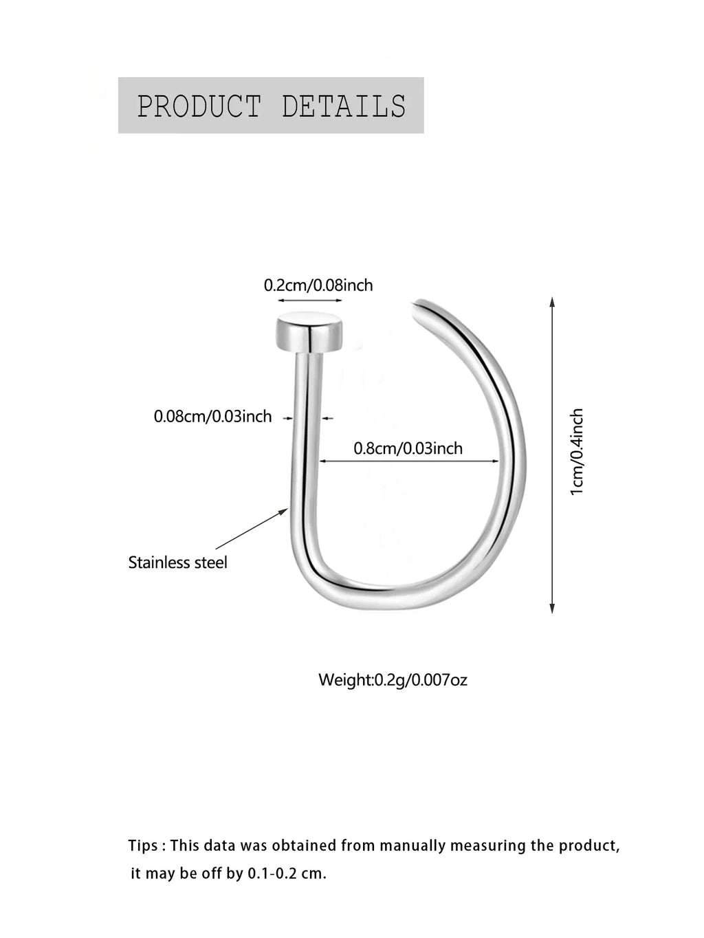 New Curved Barbells Fake Nose Piercing D Shaped Tragus Helix Stud Earring Hoop Septum Stainless Steel Ring Nostril Body Jewelry