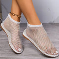 2024 Summer Women's New Round Toe Flat Bottom Sandals Hollow Short Boots Water Diamond Sexy Flat Bottom Fashion Banquet Slippers