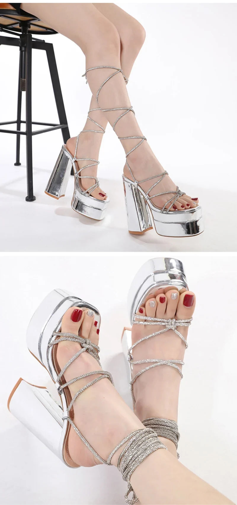 MM2025 New Arrival Rhinestone Embellished Knot T-Strap Heels Roman Peep-toe Summer Sandals Shiny Perfomance Anniversary Footwear