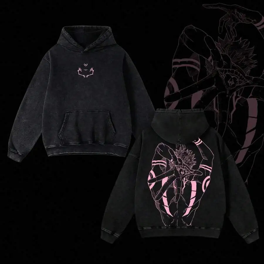 Ryomen Sukuna Graphic Hooded Jujutsu Kaisen Anime Streetwear Men Women Oversized Hoodies Washed Cotton Pullover Retro Sweatshirt