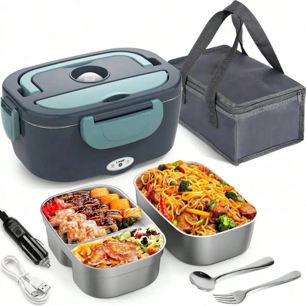 Electric Heating Lunch Box; 1.5L 304 Stainless Steel Dual Compartment Food Warmer, 12V Car Use, Portable Heated Bento Box With Fork, Spoon & Insulated Bag, Viral Must-Have For Office, Travel & Road Trips, Perfect Gift For Commuters, Drivers