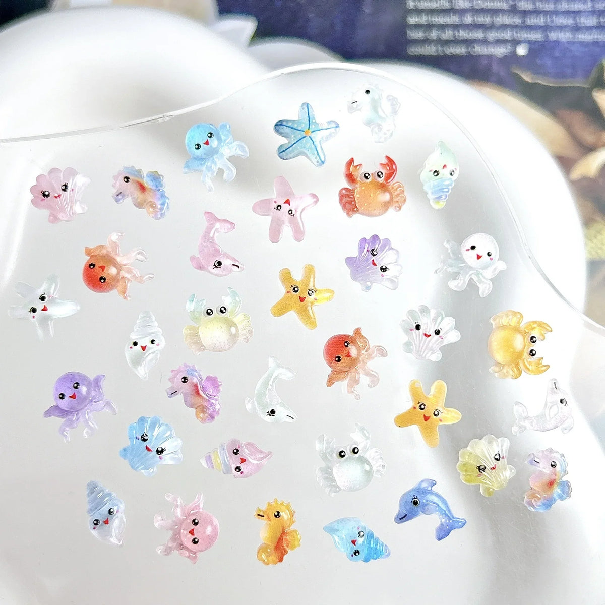 30PCS Multiple Style Cute Octopus Conch Resin Nail Art Decorations Cartoon Luminous Big Eye Seastar Dolphin Nail Charms DIY Nail