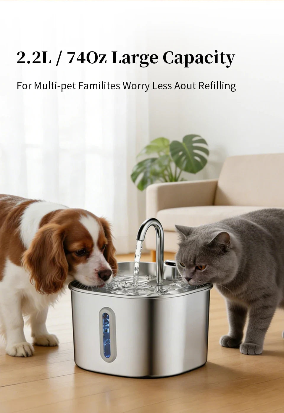 Large Capacity Cat Water Fountain Stainless Steel Automatic Pet Drinking Fountain for Indoor Cats Dogs Quiet Cat Water Dispener