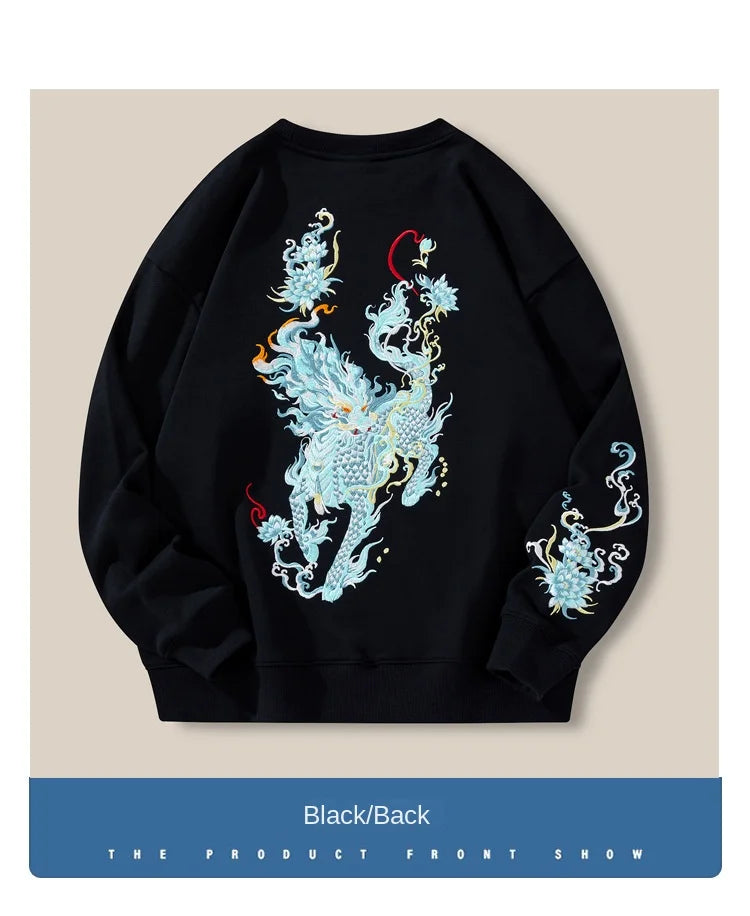 Vintage Hoodies Men Dragon Embroidery Hoodies Women Hip Hop Hooded Sweatshirt Chinese Streetwear Hoody Cotton Fleece Pullover