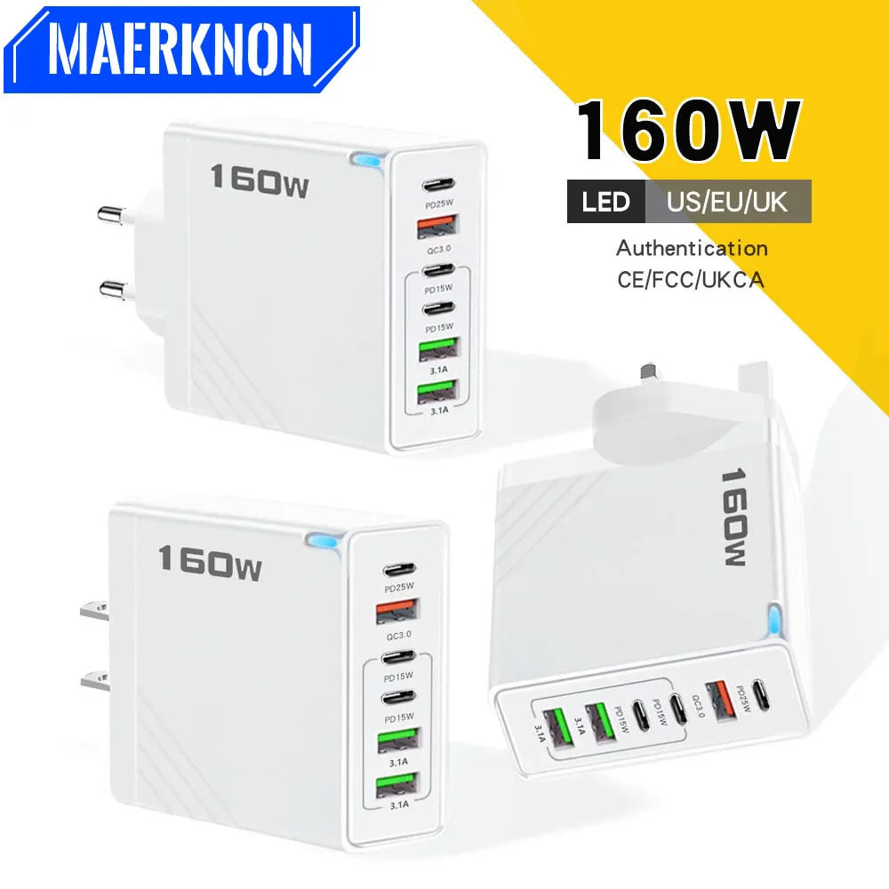 160W USB C Charger Fast Charging PD QC3.0 Wall Charger Adapter For iPhone 16 Samsung S24 Xiaomi Huawei Multi Ports Phone Charger