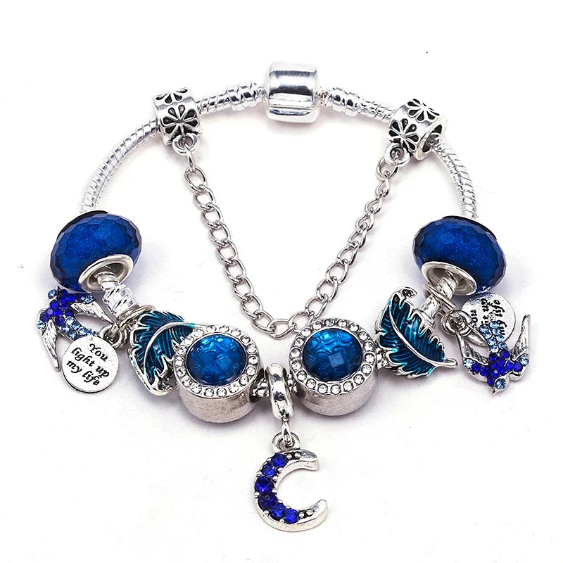 Fashion Silver Plated Shiny Blue Crystal Bead Pendant DIY Charm Bracelets Bangles For Women Girlfriend Jewelry Dropshipping
