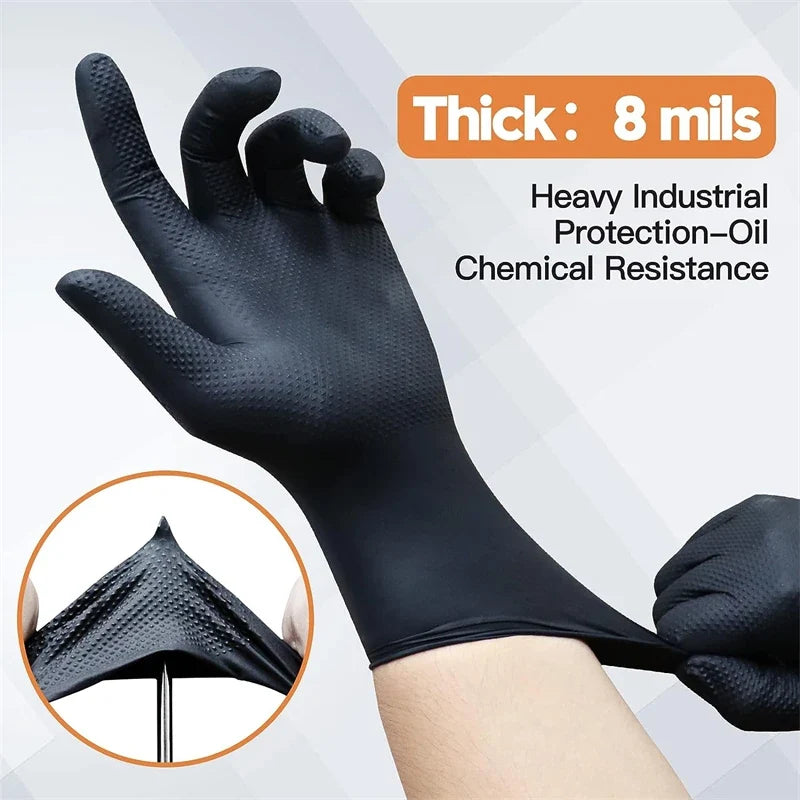 Industrial Black Nitrile Gloves 8mil Heavy Duty Disposable Gloves with Diamond Textured Latex Free Mechanic Tattoo Auto Gloves