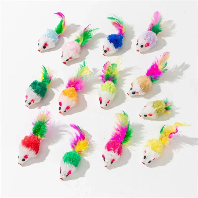 Interactive Cat Toy Realistic Mouse Shape with Rabbit Fur Feathers for Kitten Indoor Play Exercise Hunting Training