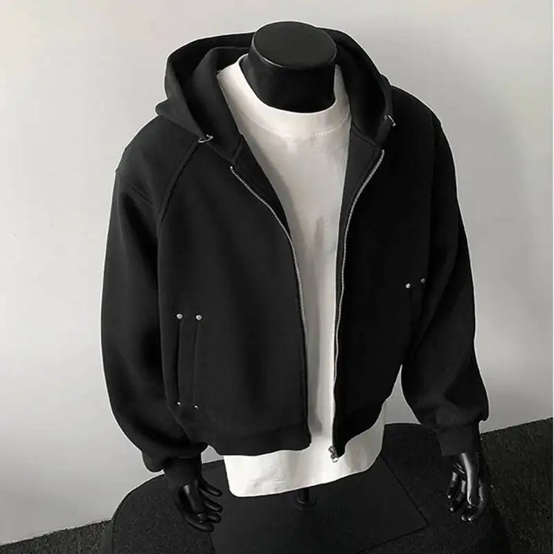 PFNW New Autumn Men's Sweatshirt 2025 Solid Color With Hat Long Sleeve Zipper Korea Fashion Male Tops 28W8776