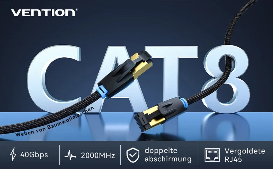 Vention CAT8 Ethernet Cable 40Gbps 2000MHz CAT 8 Networking Cotton Braided Internet Lan Cord for Laptops PS 5 Router RJ45 Cable