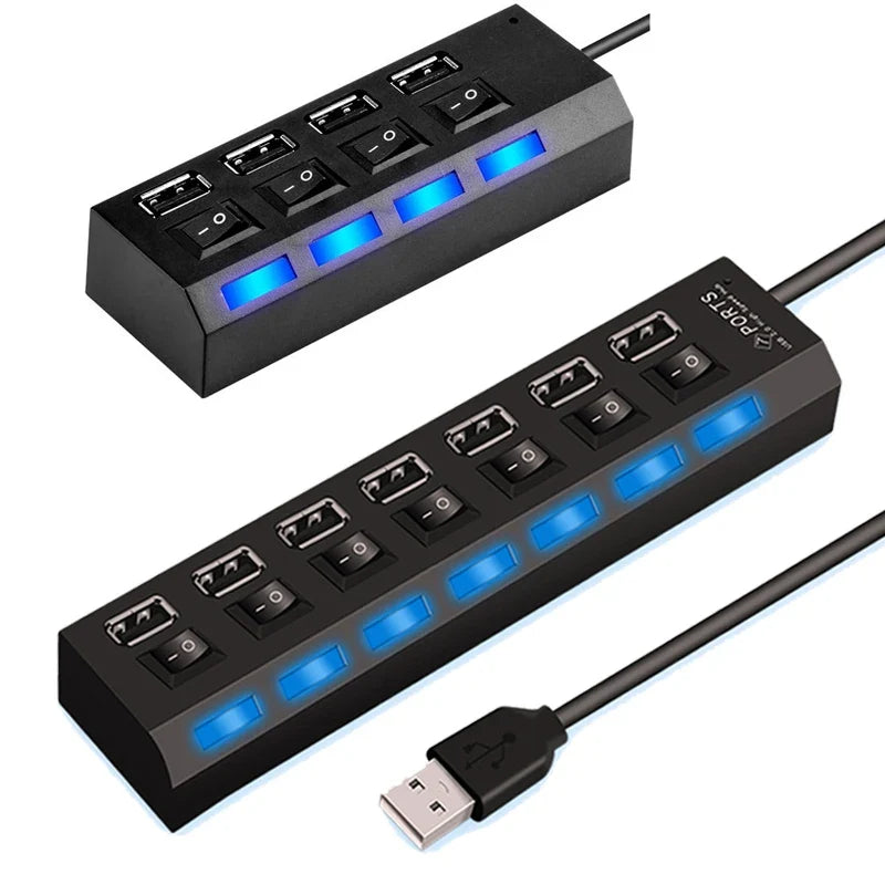 High Speed 4/7 Ports USB HUB 2.0 Adapter Expander Multi USB Splitter Multiple Extender with LED Lamp Switch for PC Laptop